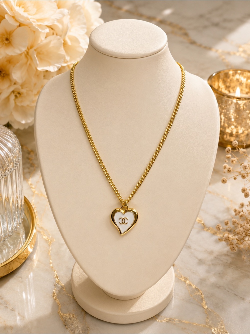 Hand-Assembled 18K Gold-Filled Curb Chain White Heart Pendant Necklace | 16”